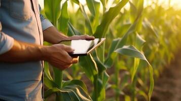 Farmer in a corn field using a digital tablet to review harvest and crop performance, ESG concept and application of technology in contemporary agriculture practices on sunrise Ai Generated photo