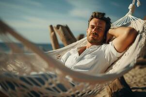 Lazy time. Man in hat in a hammock AI Generated photo