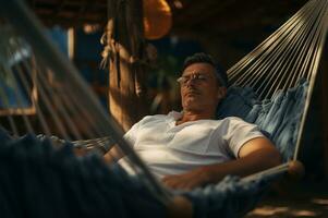 Lazy time. Man in hat in a hammock AI Generated photo