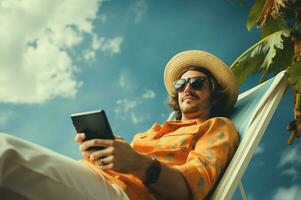 Lazy time. Man in hat in a hammock AI Generated photo