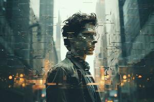Man in the city, in the style of double exposure AI Generated photo