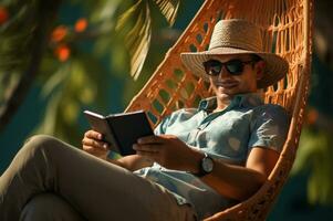 Lazy time. Man in hat in a hammock AI Generated photo