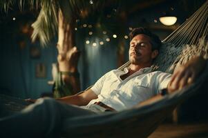 Lazy time. Man in hat in a hammock AI Generated photo