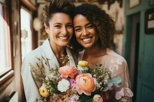 beautiful young lesbian couple with bouquet of flowers looking at camera AI Generated photo