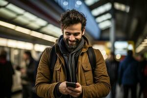 Young man using smart phone while waiting for train at the station AI Generated photo
