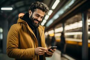 Young man using smart phone while waiting for train at the station AI Generated photo