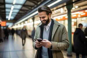 Young man using smart phone while waiting for train at the station AI Generated photo