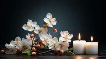 Bouquet of white magnolia flowers with burning candle on black background AI Generated photo