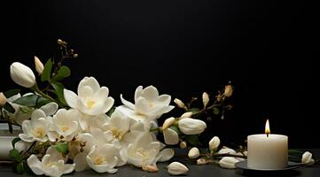 Bouquet of white magnolia flowers with burning candle on black background AI Generated photo