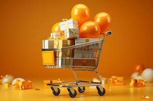 Shopping cart with gift boxes and balls on yellow background. Christmas shopping concept AI Generated photo