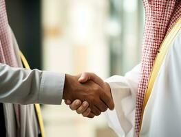 Two arabic businessmen shaking hands with each other in the city AI Generated photo