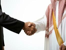 Close up of two arabic businessmen shaking hands isolated on white background AI Generated photo