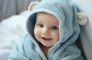 Portrait of a cute little boy on a blue fabric background AI Generated photo