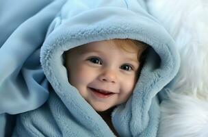 retrato de un linda pequeño chico en un azul tela antecedentes ai generado foto