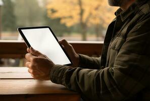 Hands holding a tablet pc with a wooden house in the background AI Generated photo