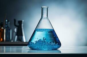laboratorio cristalería con azul líquido ai generado foto