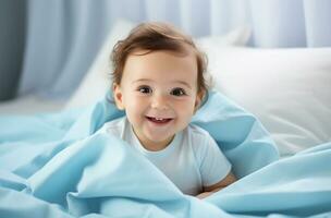 Portrait of a cute little boy on a blue fabric background AI Generated photo