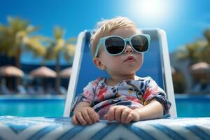 Cute baby with sunglasses in swimming pool. Summer vacation concept AI Generated photo