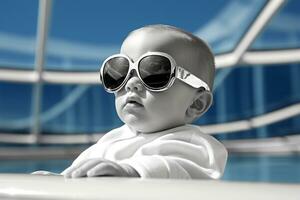 Cute baby with sunglasses in swimming pool. Summer vacation concept AI Generated photo