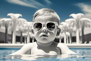 Cute baby with sunglasses in swimming pool. Summer vacation concept AI Generated photo