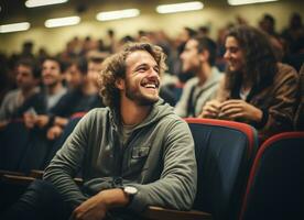 Portrait of a smiling young man sitting in a lecture hall AI Generated photo