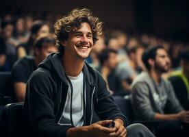 retrato de un sonriente joven hombre sentado en un conferencia salón ai generado foto