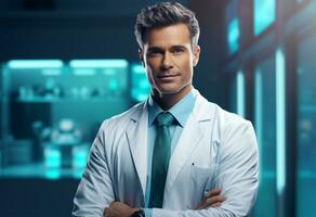 Portrait of confident young male doctor in white coat standing with arms crossed and looking at camera while standing against futuristic background. Medicine concept AI Generated photo