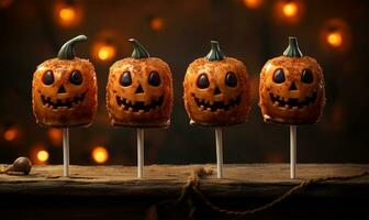 Halloween party concept. Skewers with scary faces on fire background AI Generated photo
