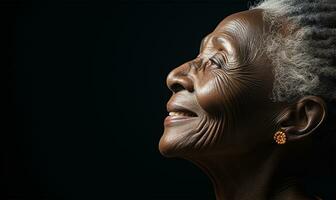 Beautiful african american woman with silver curly hair and jewelry AI Generated photo