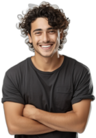 sorridente jovem homem dentro branco camiseta olhando às Câmera ai gerado png