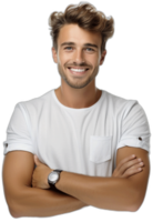 sorridente jovem homem dentro branco camiseta olhando às Câmera ai gerado png