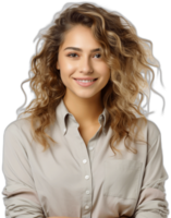 retrato de sonriente joven mujer con cruzado brazos mirando a cámara ai generado png