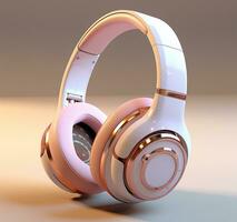 Pink headphones on a blue background. Concept of music AI Generated photo