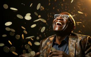 retrato de un contento africano americano hombre con dinero volador en el aire ai generado foto