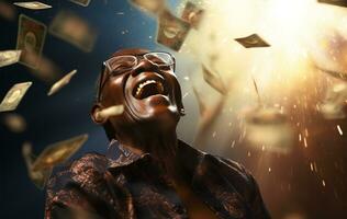 Portrait of a happy African American man with money flying in the air AI Generated photo