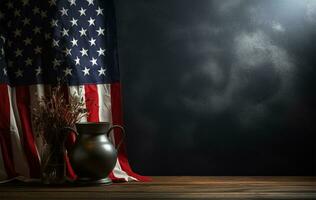 americano bandera en de madera mesa en contra oscuro gris antecedentes ai generado foto