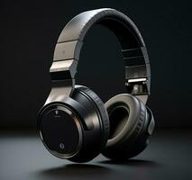 Modern black headphones on a dark background AI Generated photo