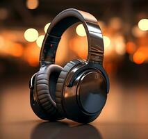 Black headphones on a dark background. Bokeh AI Generated photo