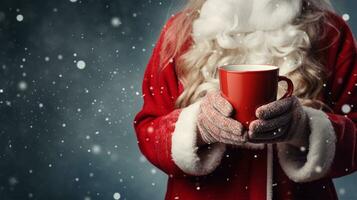 Papa Noel claus participación un taza de caliente bebida en su manos en oscuro antecedentes ai generado foto