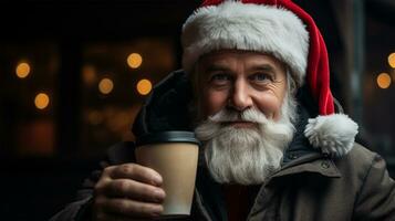 Papa Noel claus participación un taza de caliente bebida en su manos en oscuro antecedentes ai generado foto