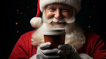 Papa Noel claus participación un taza de caliente bebida en su manos en oscuro antecedentes ai generado foto