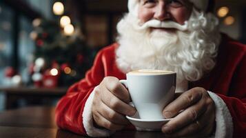 Papa Noel claus participación un taza de caliente bebida en su manos en oscuro antecedentes ai generado foto