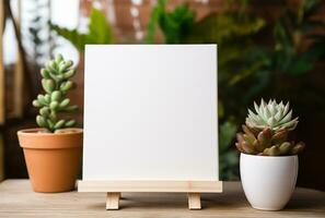 Mockup of a white sheet of paper on a wooden table with a vase of dry grass AI Generated photo