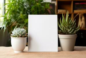 Mockup of a white sheet of paper on a wooden table with a vase of dry grass AI Generated photo