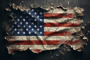 Close up grungy weathered USA flag on wall with space for your text AI Generated photo