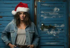 hermosa joven mujer en un mezclilla chaqueta y un Papa Noel claus sombrero ai generado foto