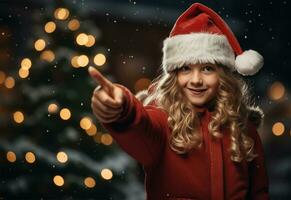 Beautiful girl in santa claus clothes on the street. Christmas and New Year concept AI Generated photo