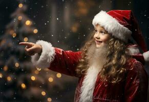 hermosa niña en Papa Noel claus ropa en el calle. Navidad y nuevo año concepto ai generado foto