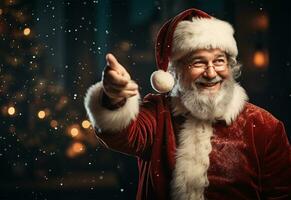 retrato de Papa Noel claus señalando con dedo a cámara. Navidad concepto ai generado foto