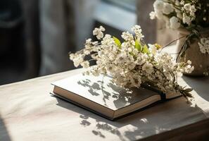 Open book with bouquet of flowers on wooden table, closeup AI Generated photo
